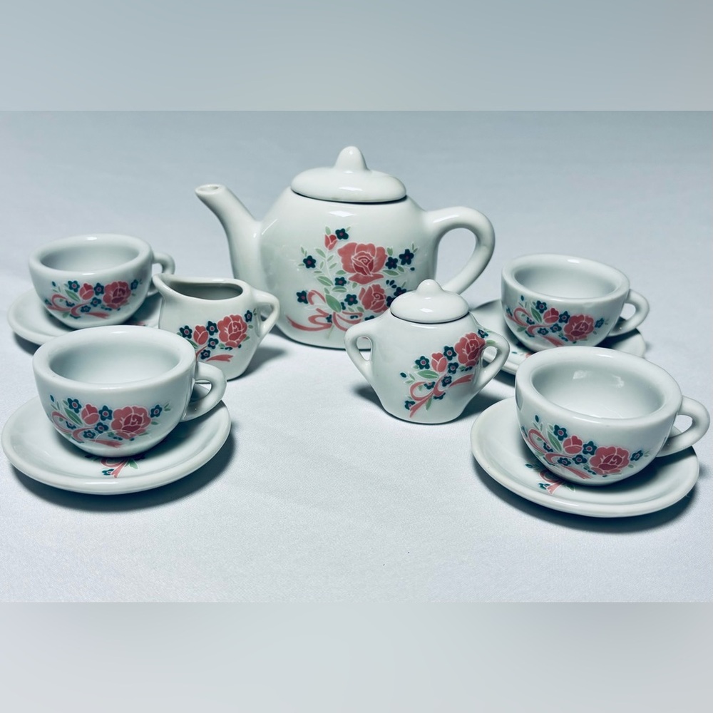 Vintage Battat Mini Tea Full Set Roses Ribbons White Pink Excellent